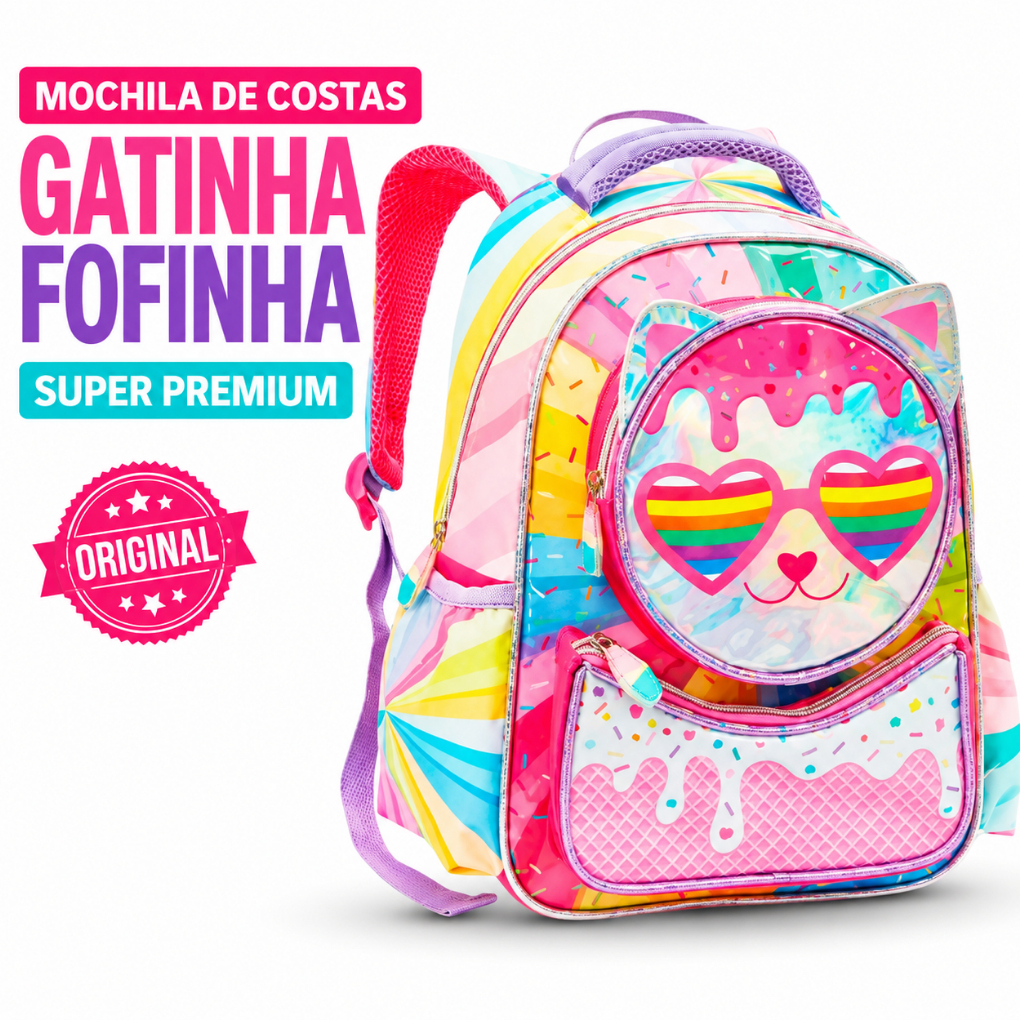 Mochila Infantil Denlex Gatinha com Óculos Arco-Íris 13 Poliéster Escolar Alças Acolchoadas