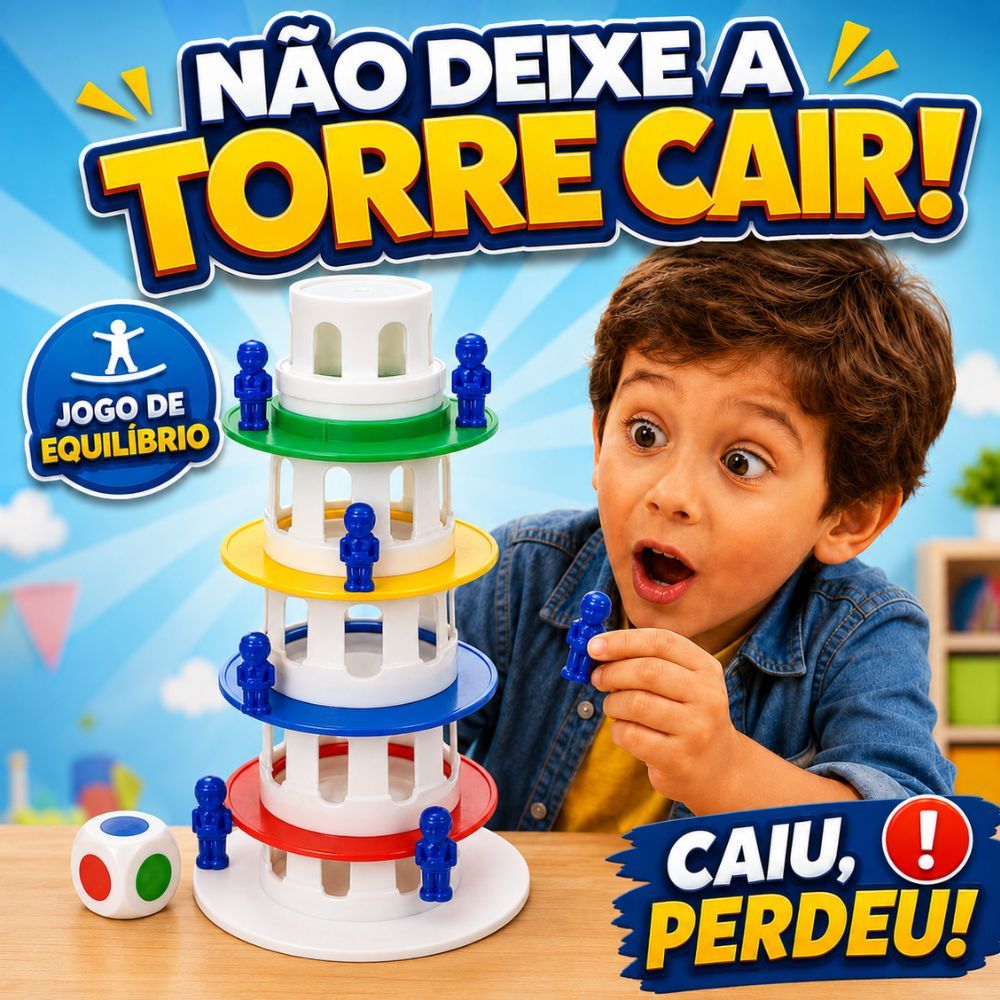 Jogo Torre Maluca Infantil Caiu Perdeu Equilíbrio Bonequinhos Dado Educativo 2+ Jogadores