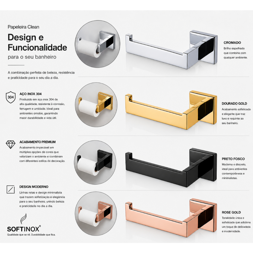 Kit Acessórios Banheiro 2 Peças e 4 Peças em Aço Inox Luxo Porta Toalhas Papeleira Lavabo e Cabide · foto 2