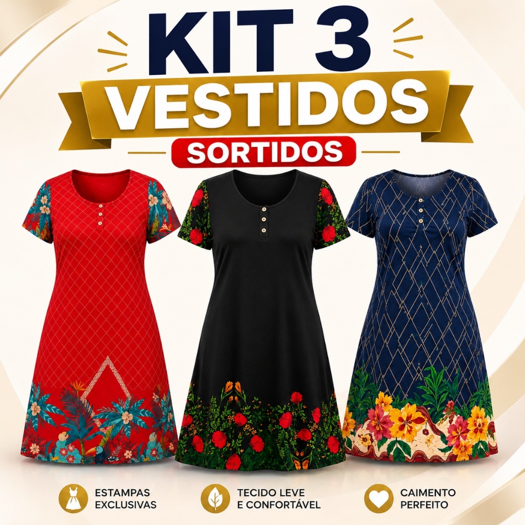 Kit 3 Vestido Feminino Senhoras Estampados Malha Liganete Soltinhos E Confortáveis.