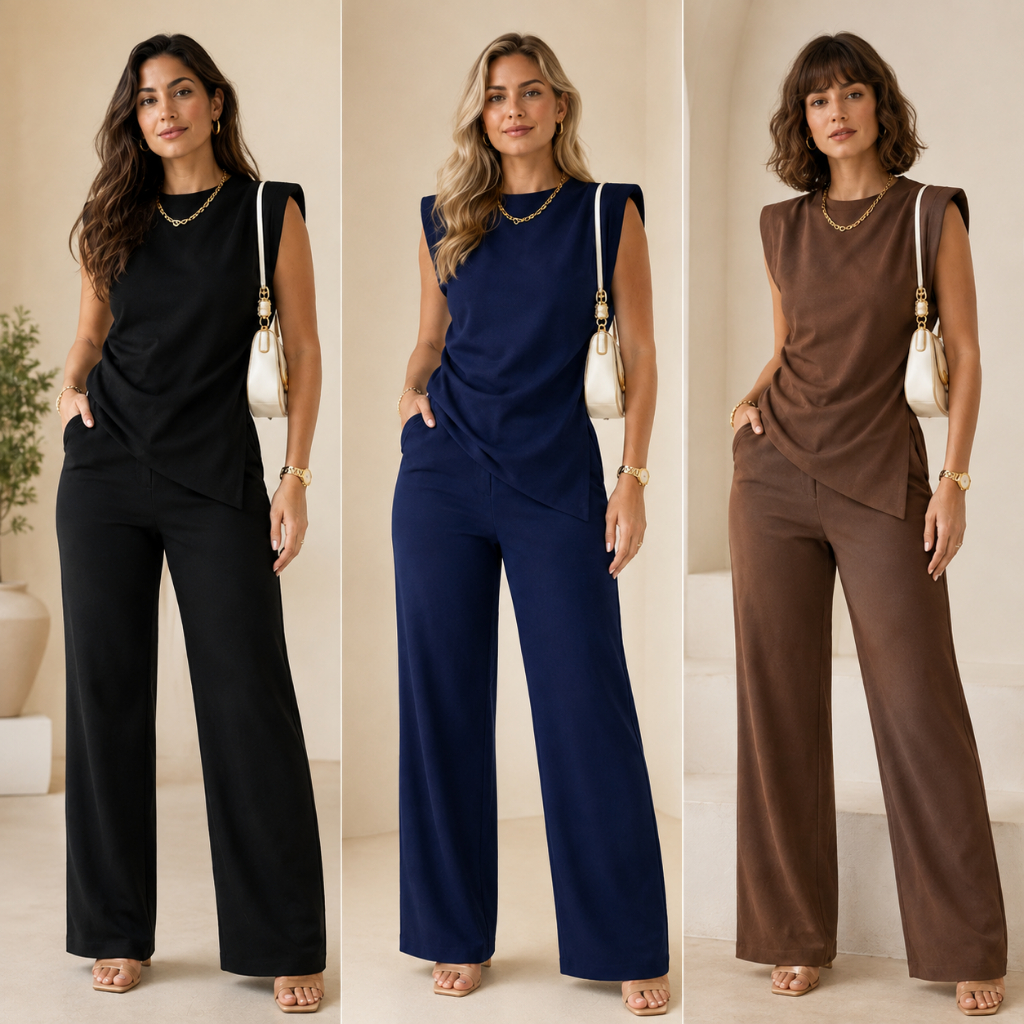 Conjunto Assimétrico Feminino Alfaiataria Blusa Franzida e Calça Pantalona Social Elegante Look Moda Outono Inverno