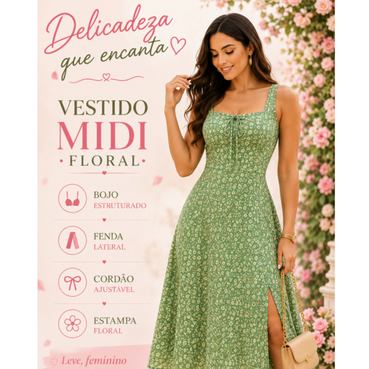 Vestido Feminino Mídi Romântico Estampa Floral | Fenda lateral Laço no Busto | Tendencia Moda