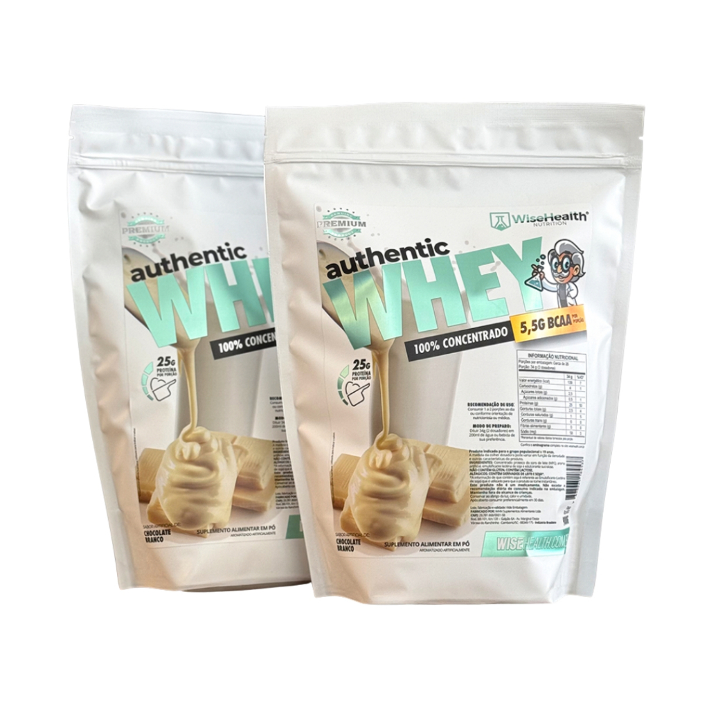 Kit Whey Protein WiseHealth Chocolate Branco 1,8kg 100% Concentrado 2 Potes Proteína Muscular