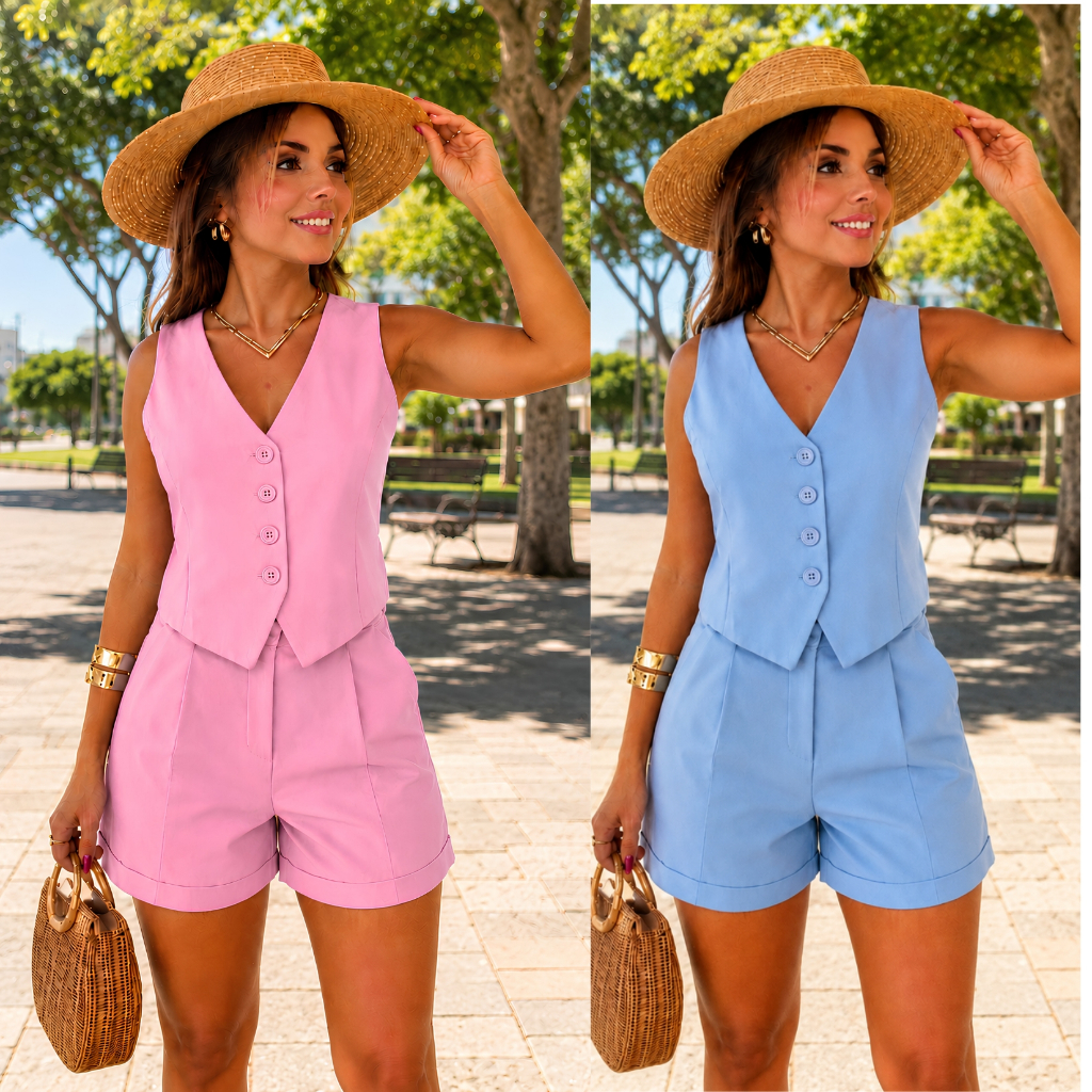 CONJUNTO FEMININO SHORT E COLETE  SOCIAL EN ALFAIATARIA  LOOK LEVE e  ESTILOSO