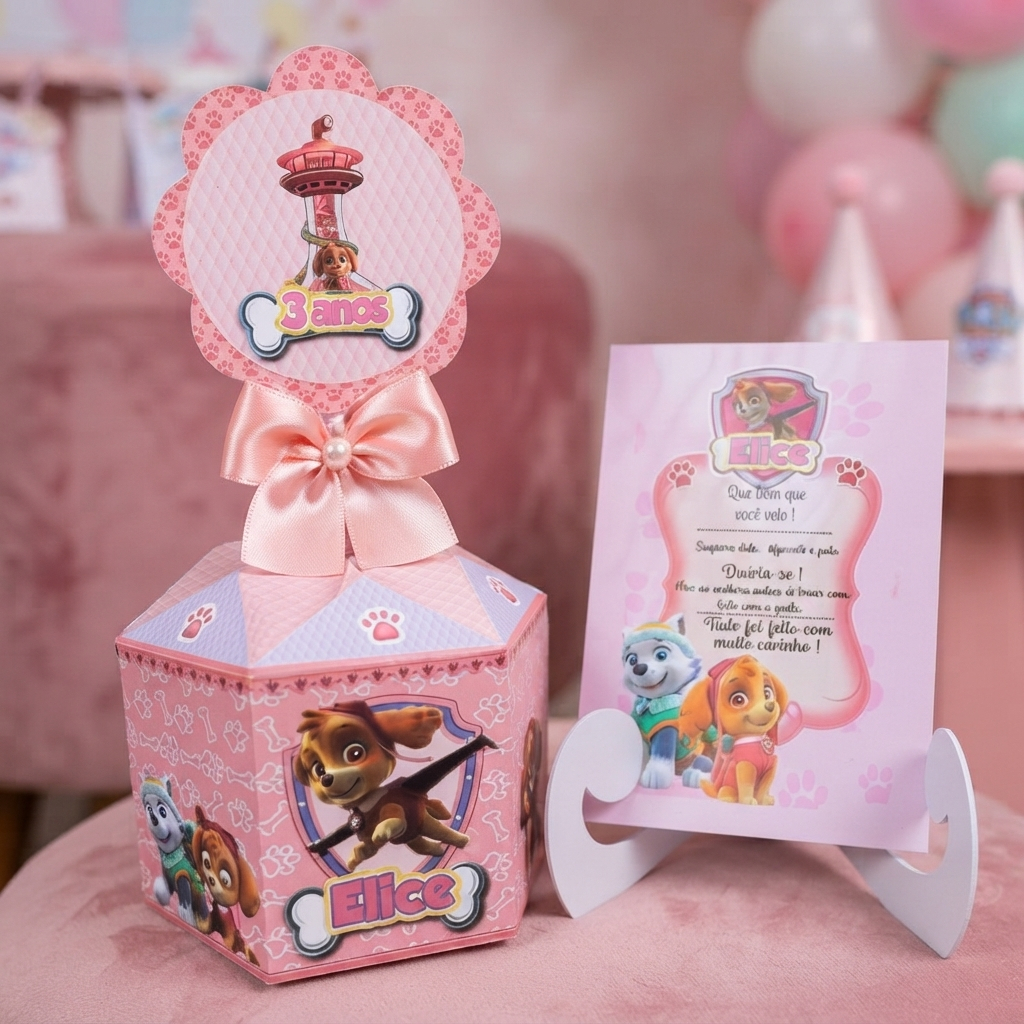 Centro de Mesa Skye e Everest Cachepô Rosa Patrulha Canina Lembracinha Menina Festa Aniversário Infantil Arranjo Enfeite