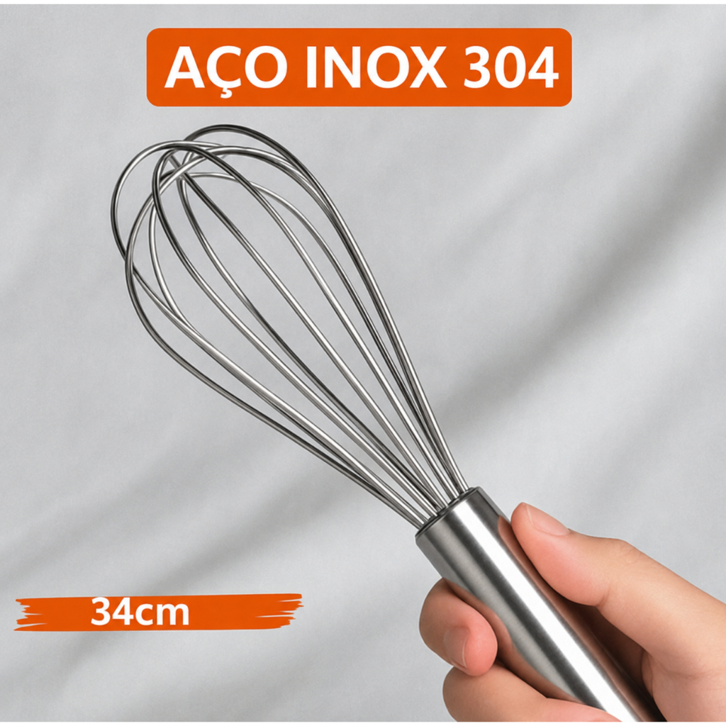 Batedor Manual de Claras Inox 34cm Profissional | Fouet Resistente Antiferrugem Cabo Ergonômico