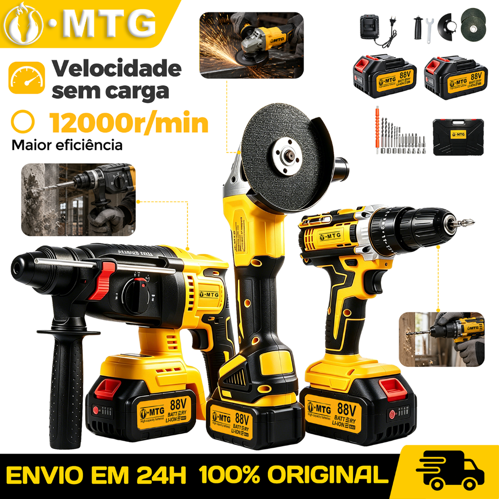 Furadeira ou Esmerilhadeira Angular MTG Sem Fio com Bateria, Carregador e Acessórios