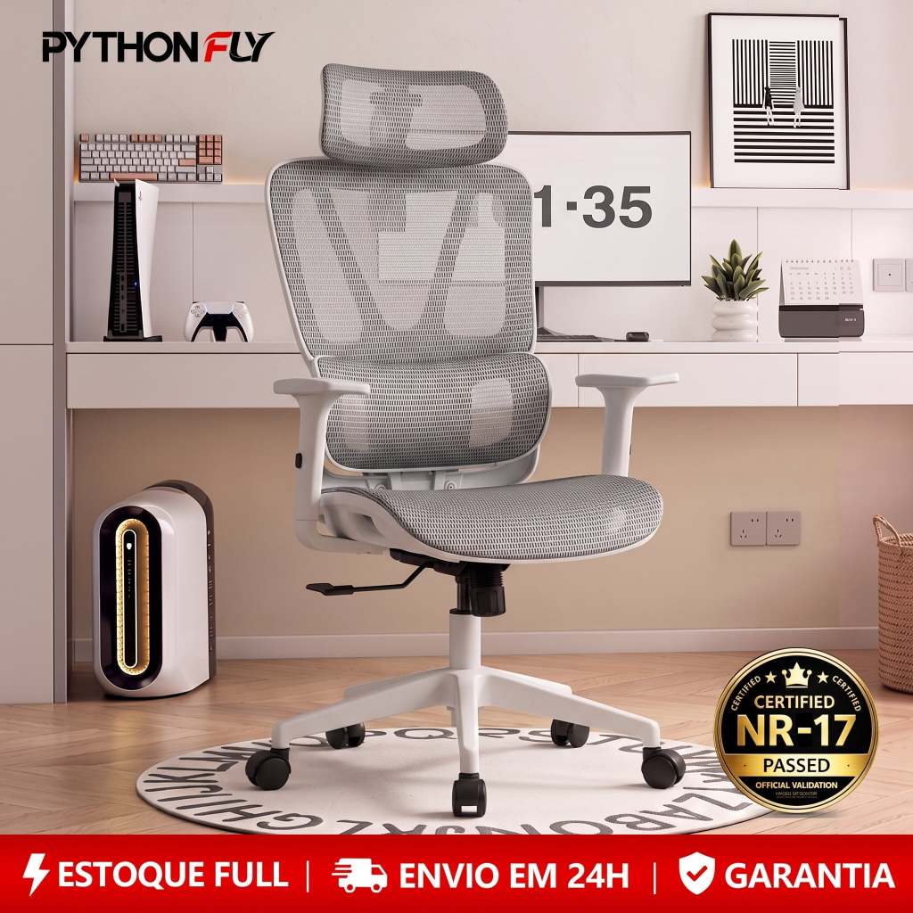 Cadeira Ergonômica Ajustável – Braço 6D Cromado, Apoio Lombar, Ideal para Escritório e Estudo 150KG