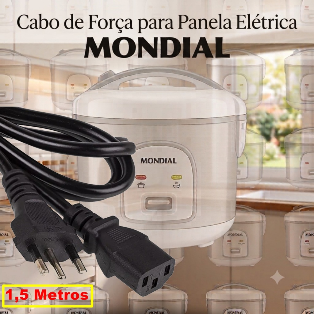 Cabo de Força para Panela de Arroz Elétrica Mondial 3 Pinos Bivolt Removível Universal Compatível
