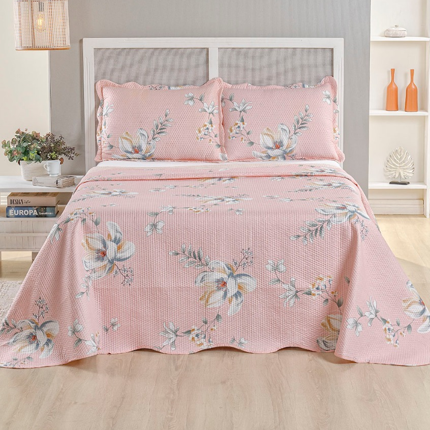 Kit Cobre Leito Colcha Casal Bouti 3 Peças Dupla Face Estampada Porta Travesseiro Aba Americana · foto 2