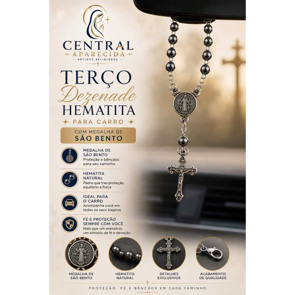 Kit 12 Terço Dezena Carro Com Medalha São Bento Hematita