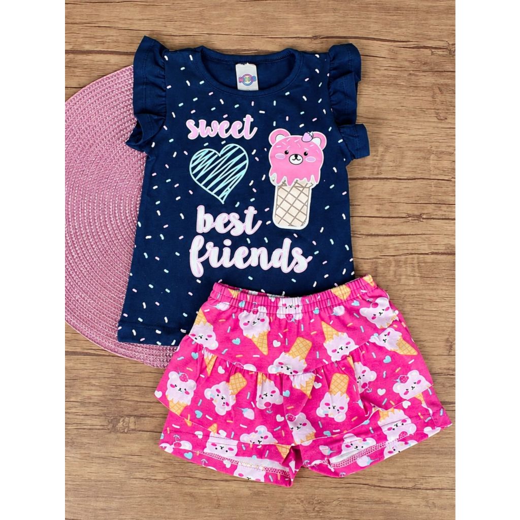 Conjunto Shorts Saia E Camiseta Infantil Bebê Feminino Com Babado Fresquinho Verão do 1 ao 8