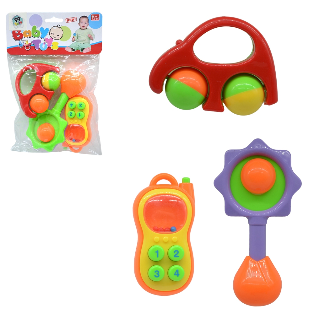 Kit Chocalho para Bebê 3 Peças Colorido Brinquedo Sensorial Educativo Infantil