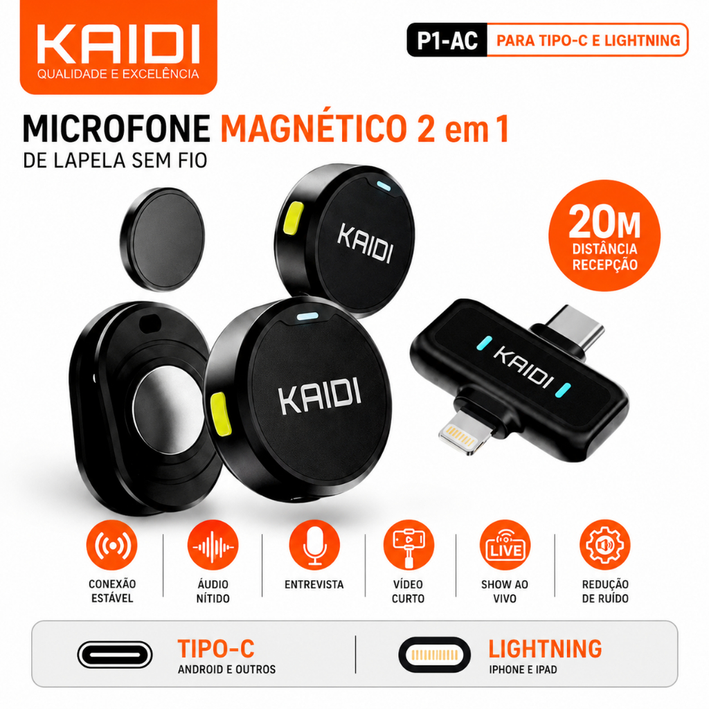 Microfone Sem fio de Lapela Duplo Magnético Redondo Bluetooth para Celular Entrevista 2 em 1 Type-C e Lightning KAIDI