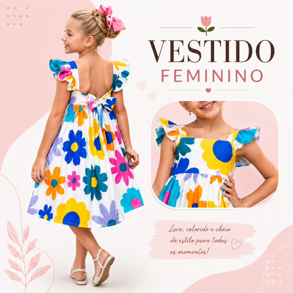 Vestido Infantil Feminino Floral Estampado com Laço e Babado Festa Passeio Menina 4 a 12 Anos
