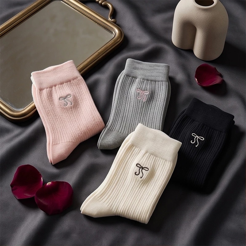 Kit Meias Cano Médio Femininas Laço Bordado 6 9 12 15 Pares, Cores Neutras Lisas, Conforto Uso Diário — imagem 2 de 2