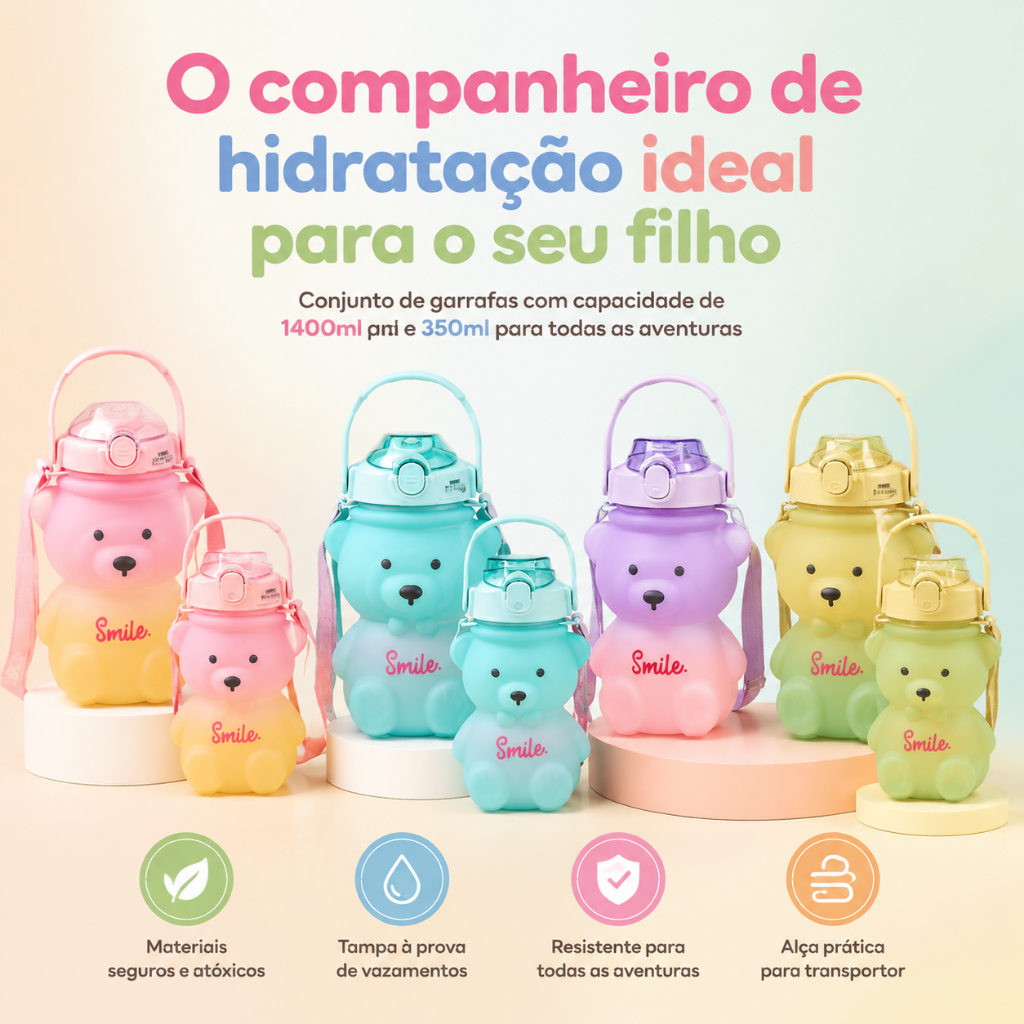 Kit Garrafa De Água Portátil Infantil 1400ml e 350ml Gradiente Em Forma De Urso Acessórios Fofo Copo