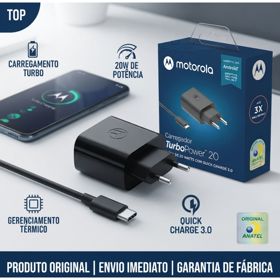Carregador Motorola TurboPower 20W USB-C Original ANATEL Turbo