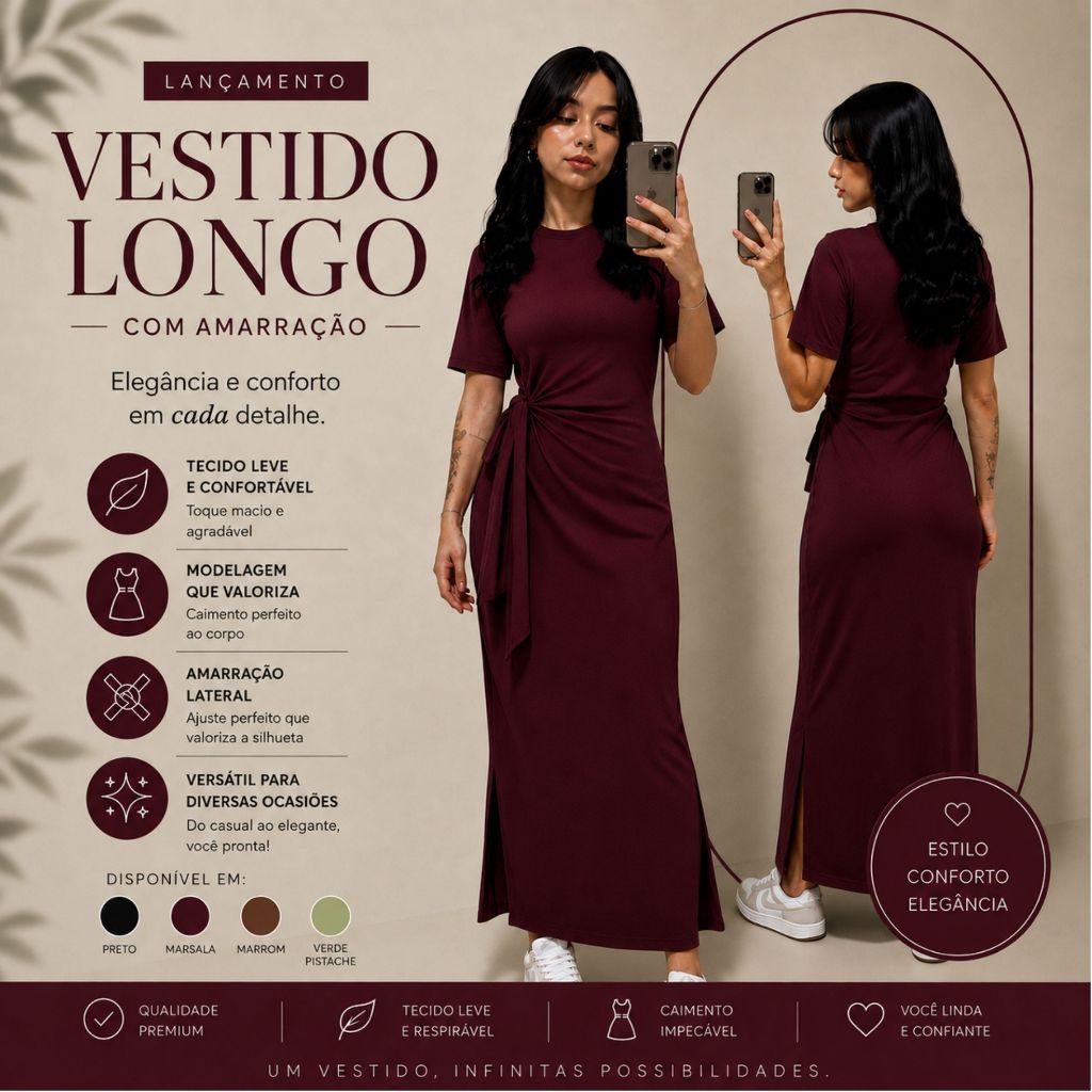 Vestido Longo Feminino com Fendas Laterais  Tecido Ribana Premium Amarração Lateral Manga Curta Moda 2026
