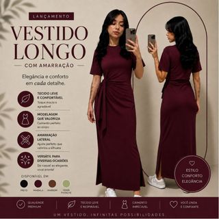 Vestido Longo Feminino com Fendas Laterais  Tecido Ribana Premium Amarração Lateral Manga Curta Moda 2026