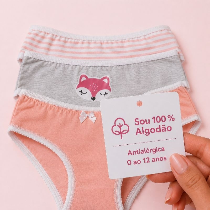 Kit Calcinha Infantil Menina 100% Algodão 3 PÇS Estampas Sortidas P M G GH EXGG