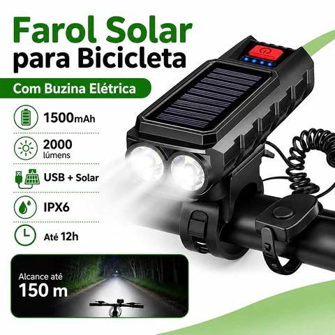Lanterna Farol Bike Solar LED com Buzina 150dB 1500mAh Recarregável USB IPX6