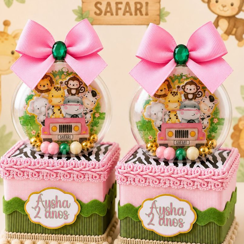 CAIXINHA Personalizada com Bola Acrílica – Lembrancinha Infantil SAFARI ROSA, Porta Doces para Festa de Aniversário Kids