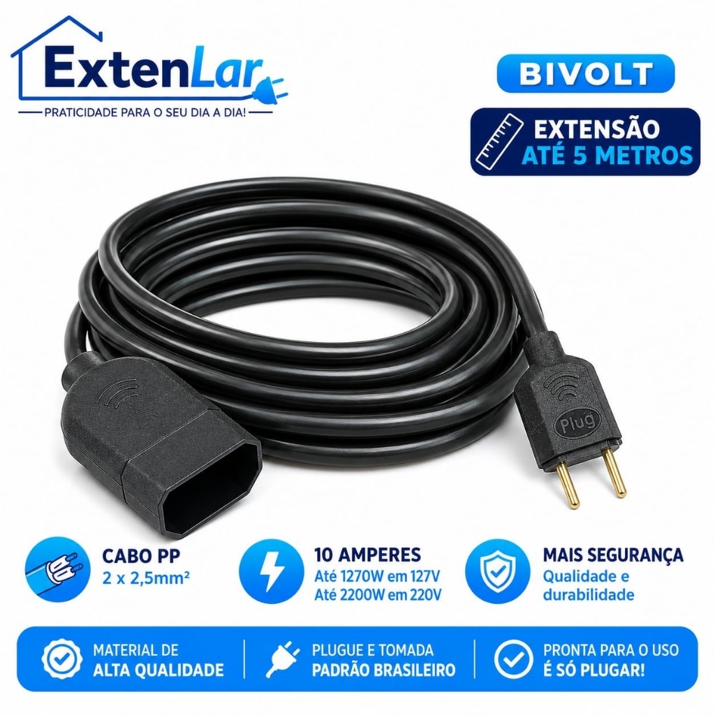 Cabo Adaptador Extensão Elétrica Cabo PP 2x2,5mm 10A Bivolt Reforçada 25cm-50cm-1m-2m-3m-5m
