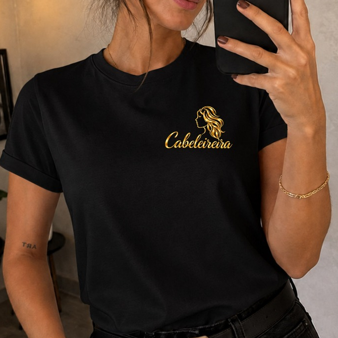 Blusa Cabeleireira Dourada Babylook Feminina 100% Algodão Camiseta Profissão Salão de Beleza Hair
