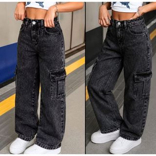 Calça Cargo Jeans Juvenil Feminina Wide Leg Cintura Alta Bolsos Laterais Blogueirinha Men…