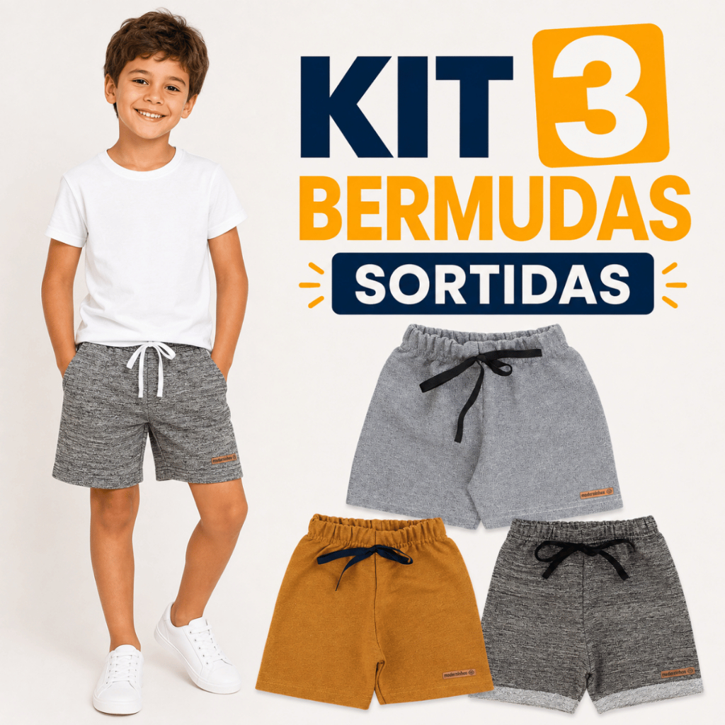Kit 3 Bermudas Infantil Menino Moletinho Confortável