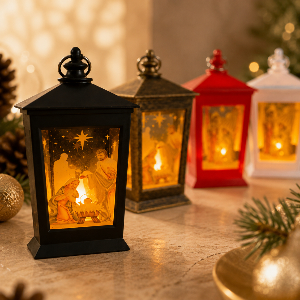 Lanterna Natalina com Presépio Iluminado LED 9x5x5cm