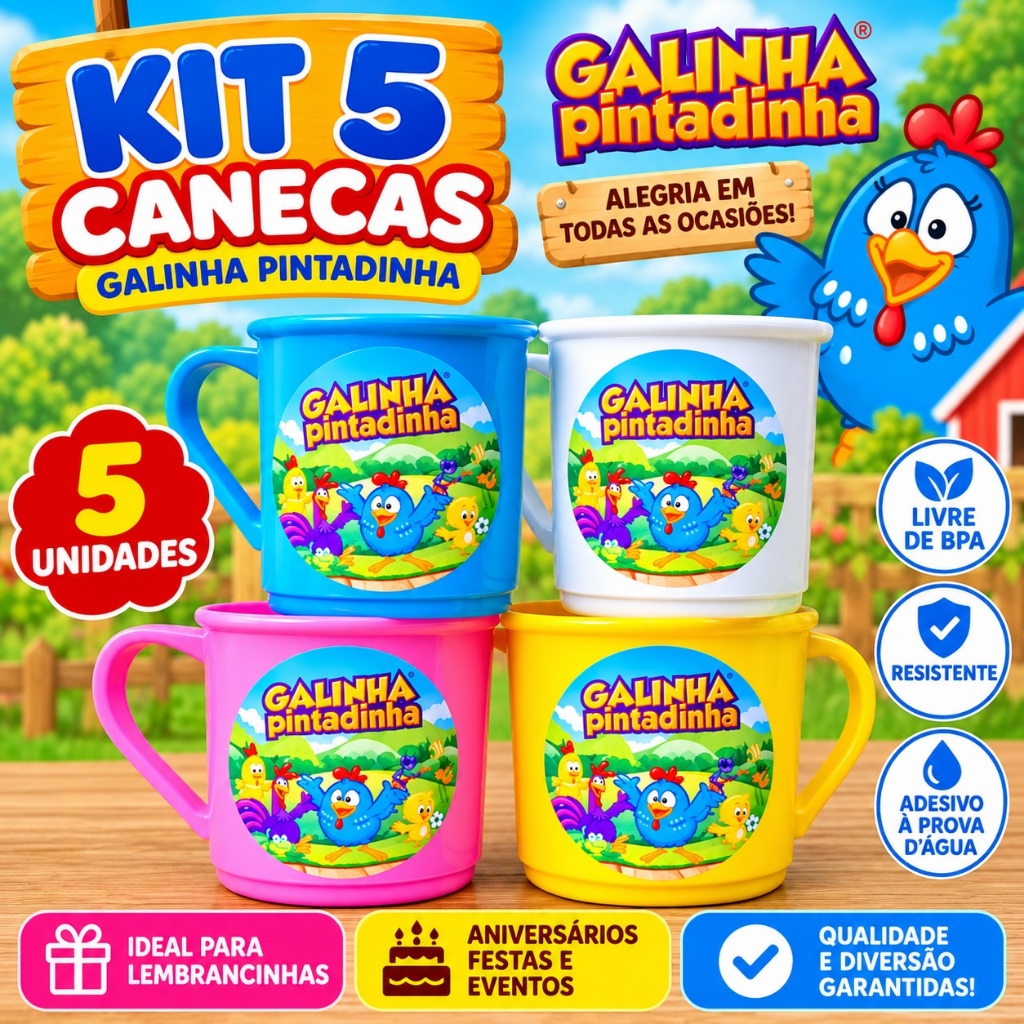 Lembrancinha aniversario infantil galinha Pintadinha kit 5 canecas 375 ml plástico personalizada festa
