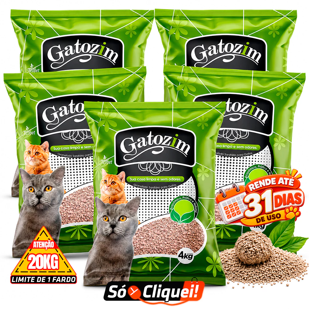 Kit 5 Pacotes Areia de Gato Gatozim 20KG Granulado Forma Torrões Firmes Controle De Odores Econômico Natural