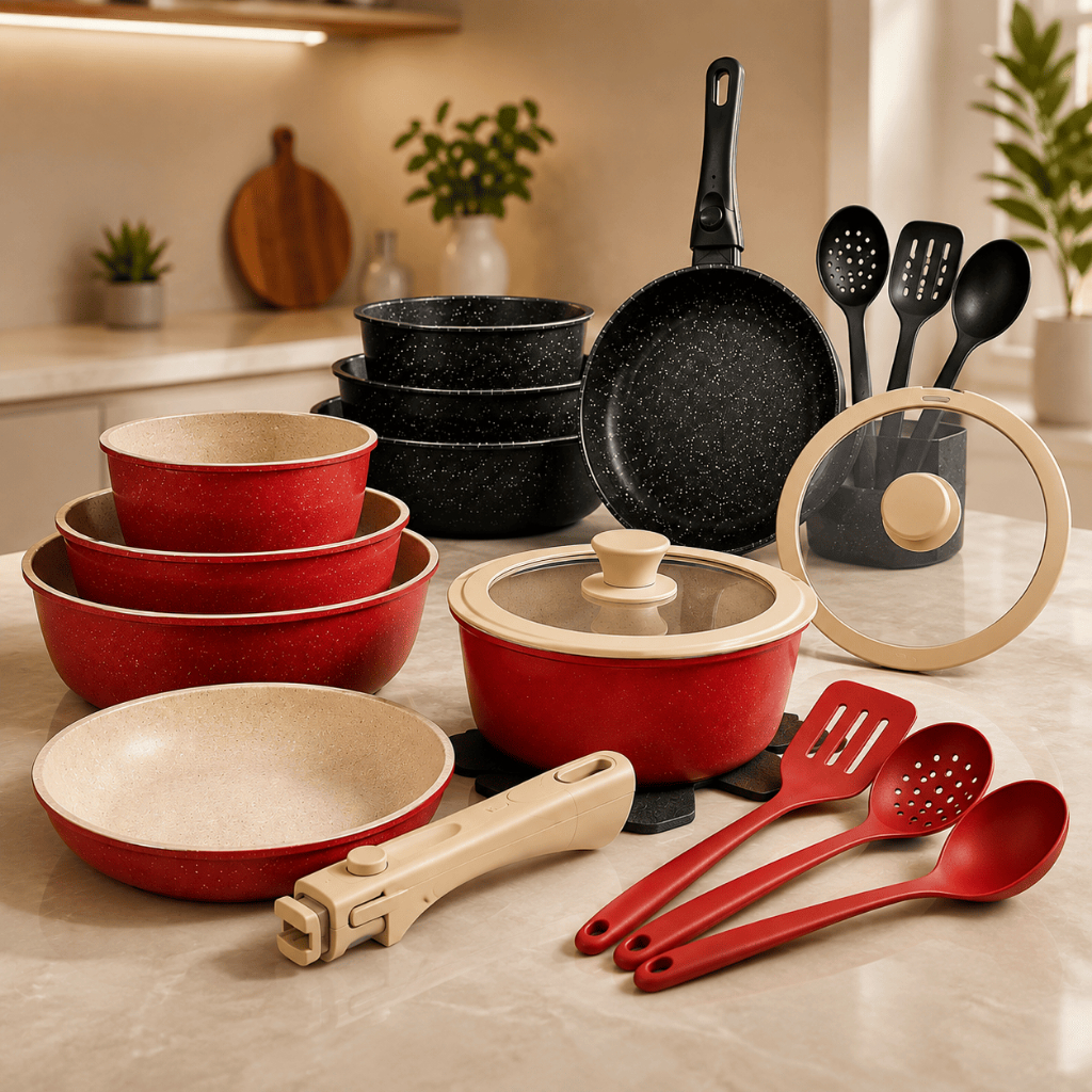 Jogo de Panelas 15 Peças com Tampas e Utensílios Kit Completo de Panelas para Cozinha Vermelho ou Preto