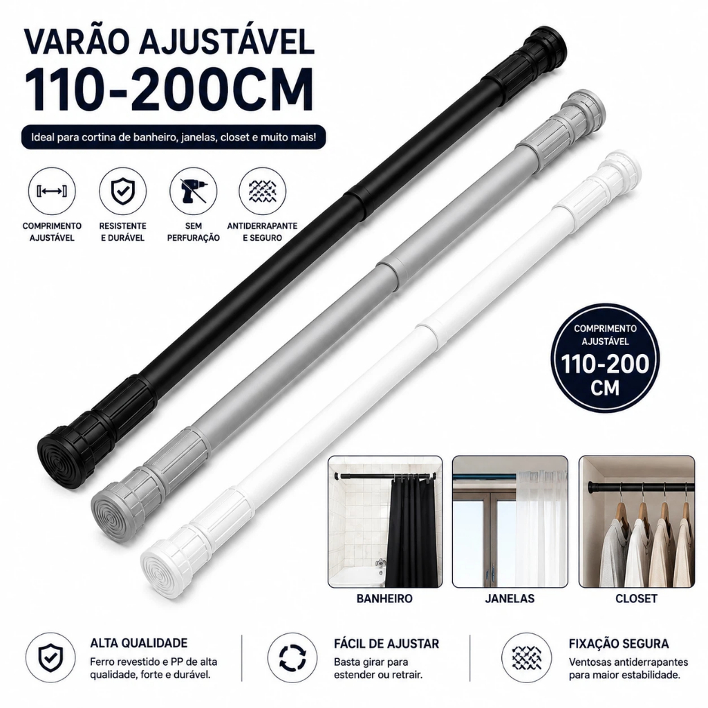 Varão Regulável Extensão 110-200cm Banheiro Varal Roupas Cortina Box Suporte Multiuso
