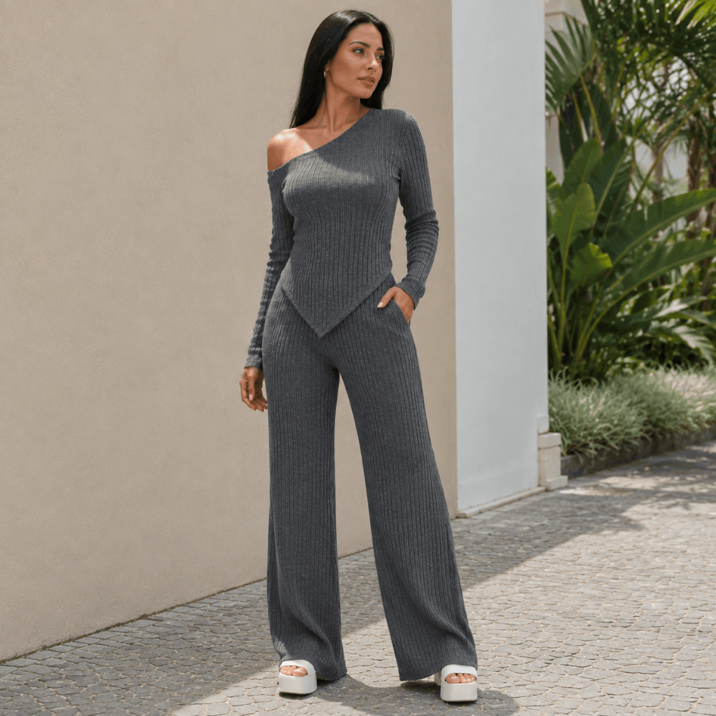 Conjunto Feminino Elegante Blusa Assimétrica e Calça Pantalona de Lã Canelada Casual Social Conforto Inverno Frio '