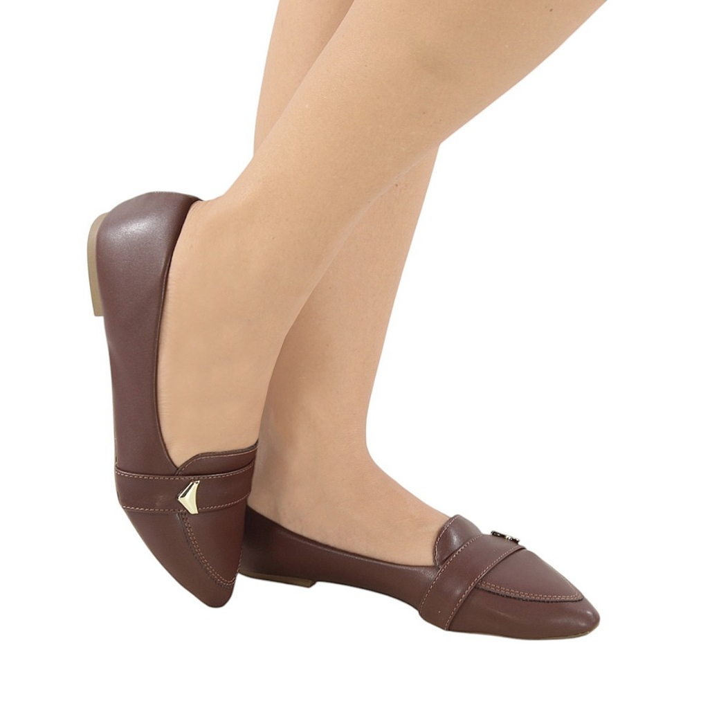 Mocassim Feminino Sapatilha Bico Fino com Fivela Dourada Confortável Elegante Casual
