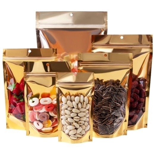 Kit 50/100 Sacos Dourados de Alumínio para Alimentos, Embalagem com Zíper Autoselante e Base para Chá, Doces e Lanches — imagem 2 de 2