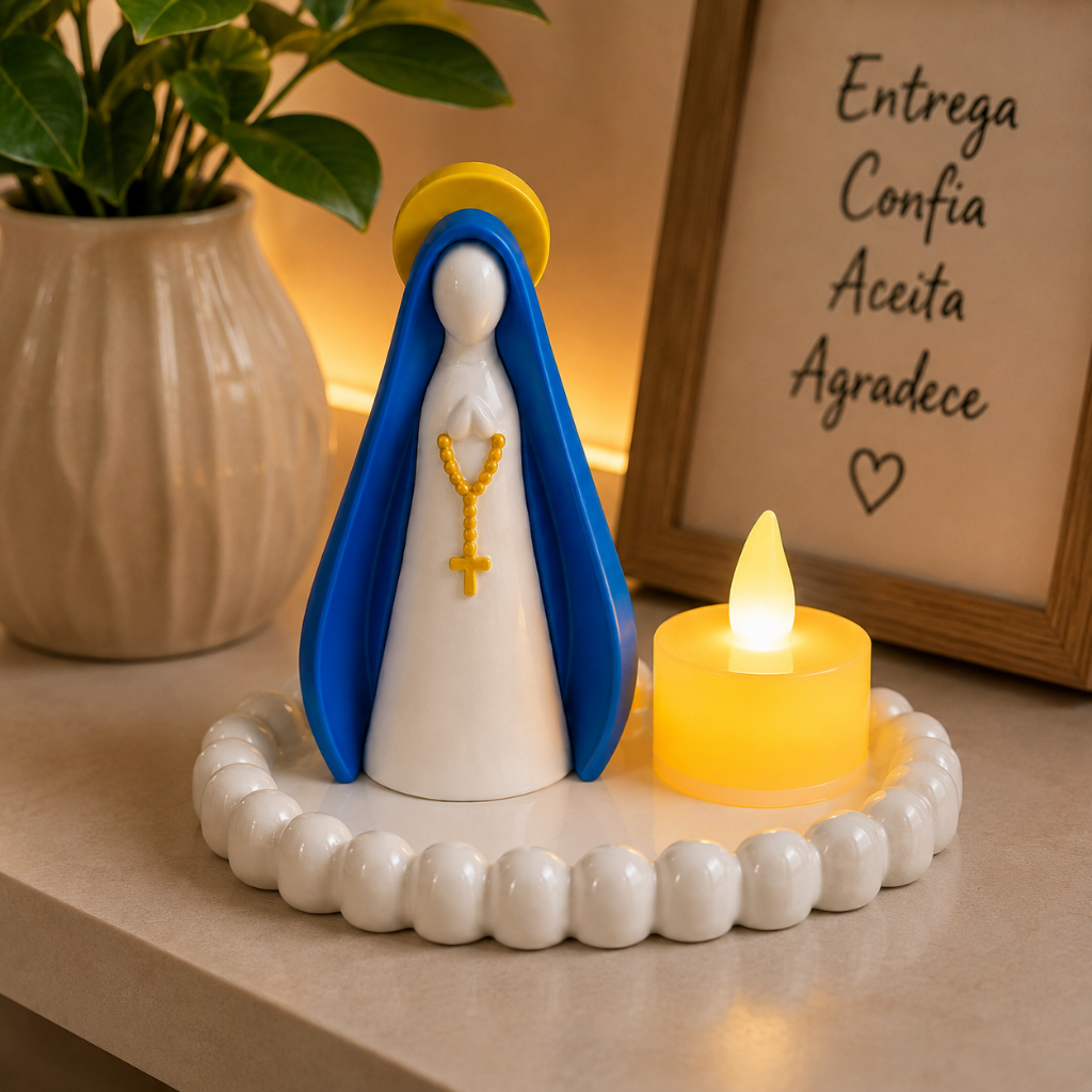 Kit Nossa Senhora Aparecida com Vela LED + Bandeja | Mini Altar Religioso Católico Decoração de Fé para Casa Presente