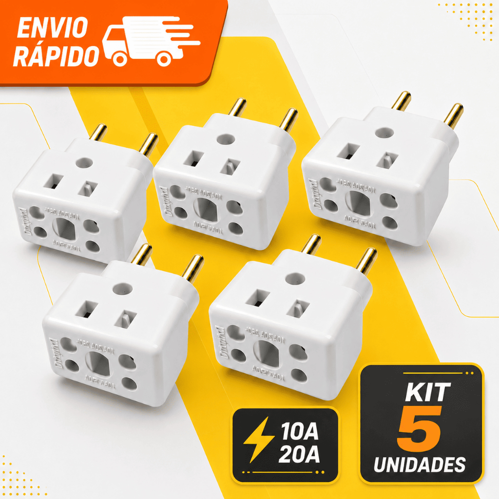 Imagem Adaptador tomada Benjamim 10A/20A  Bob Universal Bivolt ReforçadoPino Maciço Resistente Air Fryer Secador Microondas