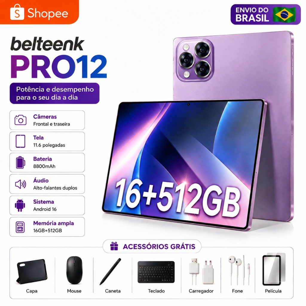 belteenk Tablet Pro12 | 16GB RAM 512GB | Tela HD 11.6" | Android 16 | 5G | Teclado e Mouse Grátis