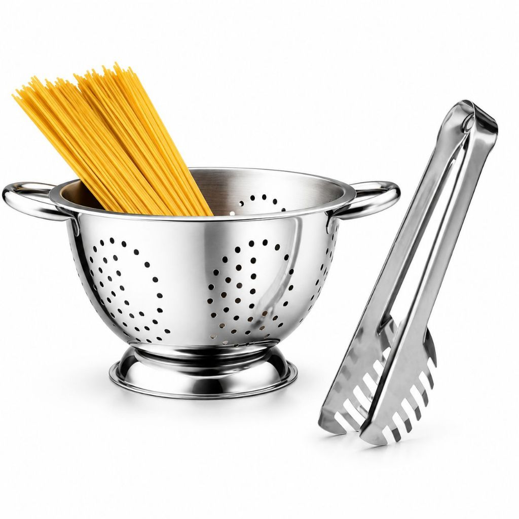 Kit Escorredor De Macarrão Inox 24cm Com Pegador De Massas