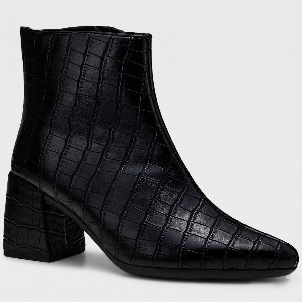 Bota Feminina Shekinah Bico Fino Salto Croco Lançamento Ziper Moda Conforto