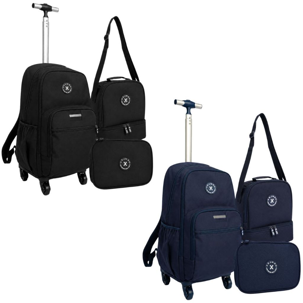 Kit Mochila Rodinhas 360° Refletiva Lancheira Estojo Térmica Box Escolar Grande Faculdade Resistente