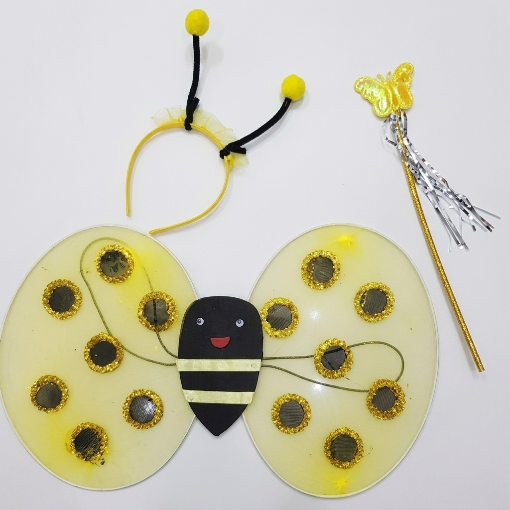 Kit Fantasia Abelha 3 Peças Carnaval Menina Festa (asa,arco,varinha)