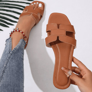 Sandália Feminina H Flat Bico Quadrado Tira Vazada Macia Antiderrapante Casual Elegante