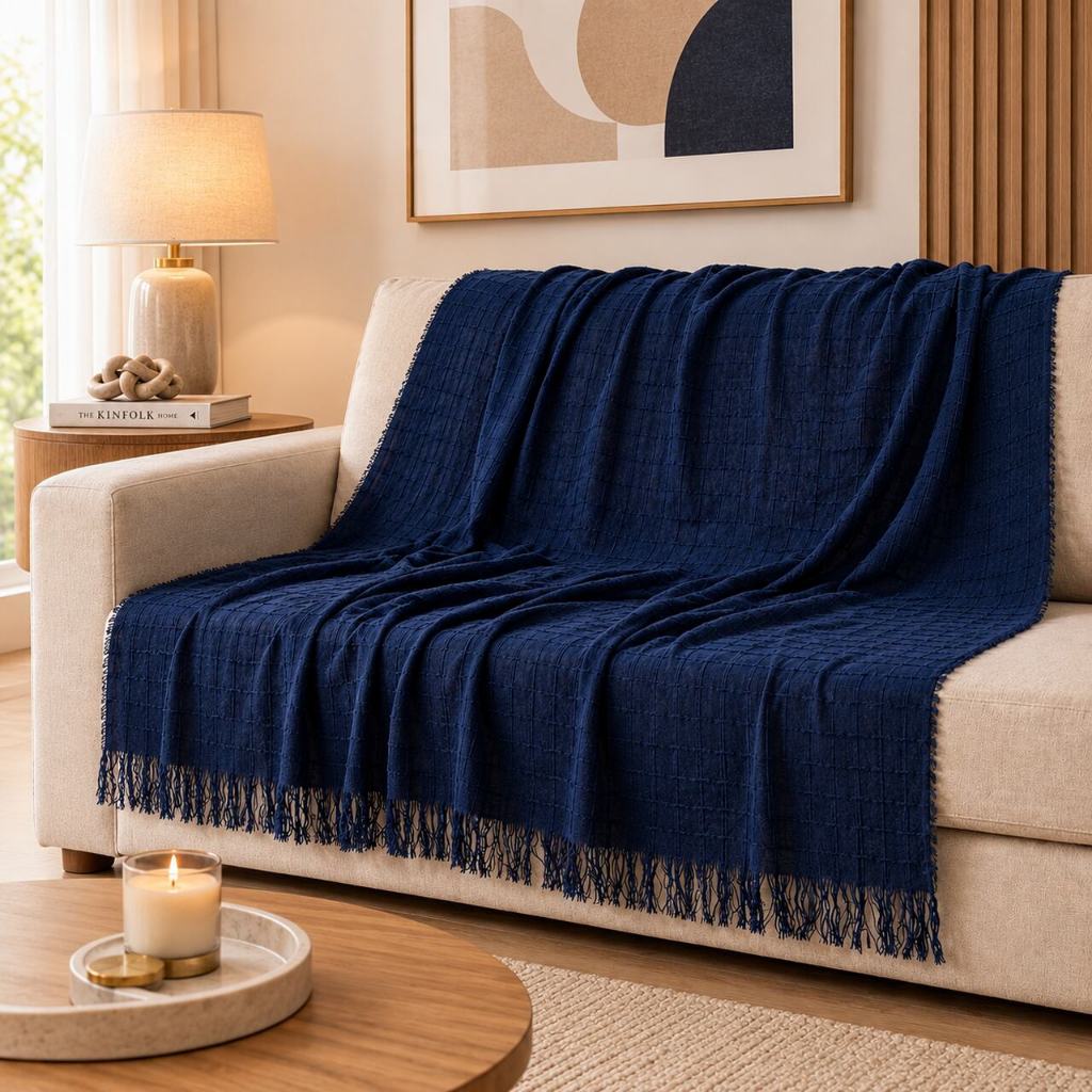 Manta para Sofá Decoração 100% Algodão com Nó nas pontas