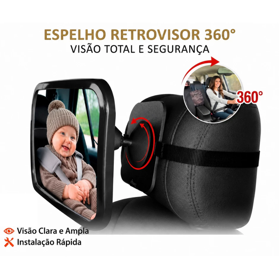 Espelho Retrovisor 360° para Carro Banco Traseiro Bebê Conforto Alta Nitidez Visão Ampla Segurança