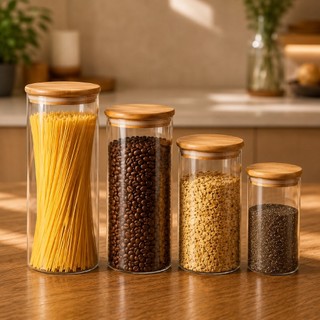 Kit 4 Potes de Vidro Hermético Redondo com Tampa de Bambu Porta Mantimentos Organização d…